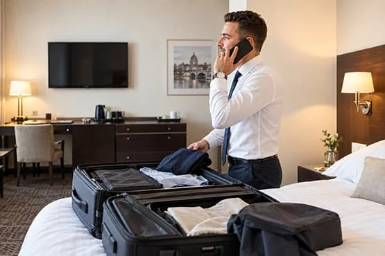 Homme téléphonant près d’une valise ouverte sur le lit d’une chambre d’hôtel.