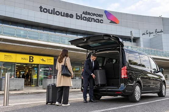 Homme déchargeant une valise d’un van noir devant une voyageuse à l’aéroport Toulouse-Blagnac.